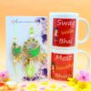 Lush Green Couple Rakhi + Printed Mugs